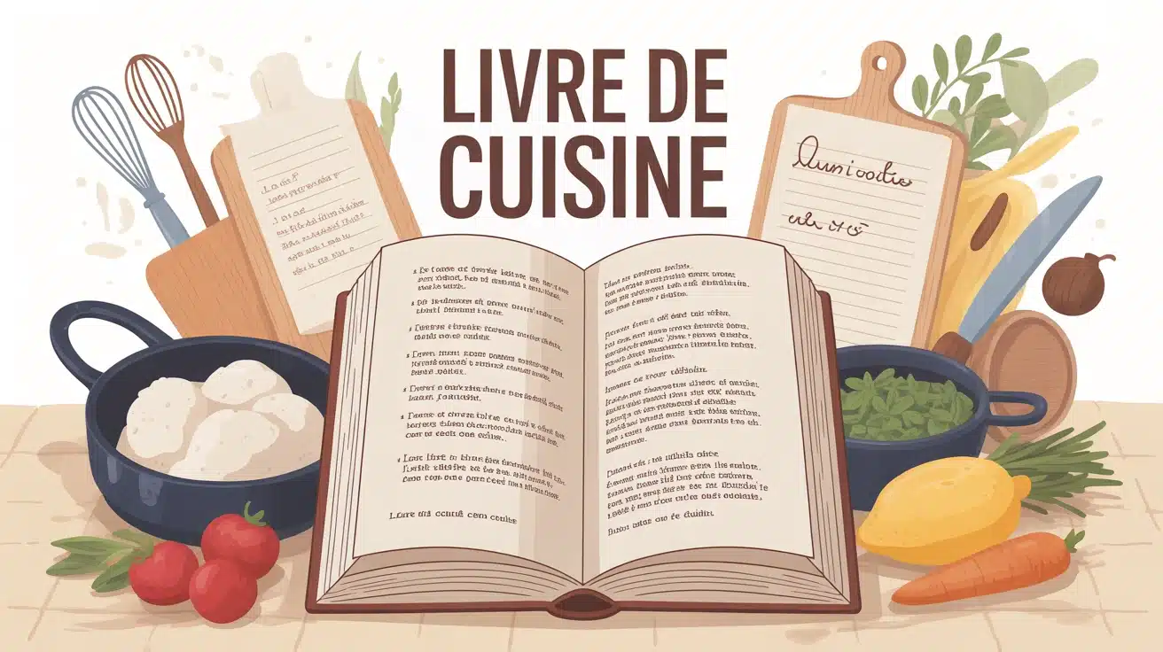 Livre de cuisine ouvert avec ustensiles et ingrédients stylisés