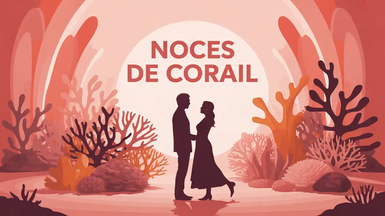 couple stylisé au centre d un récif corallien pour noces de corail