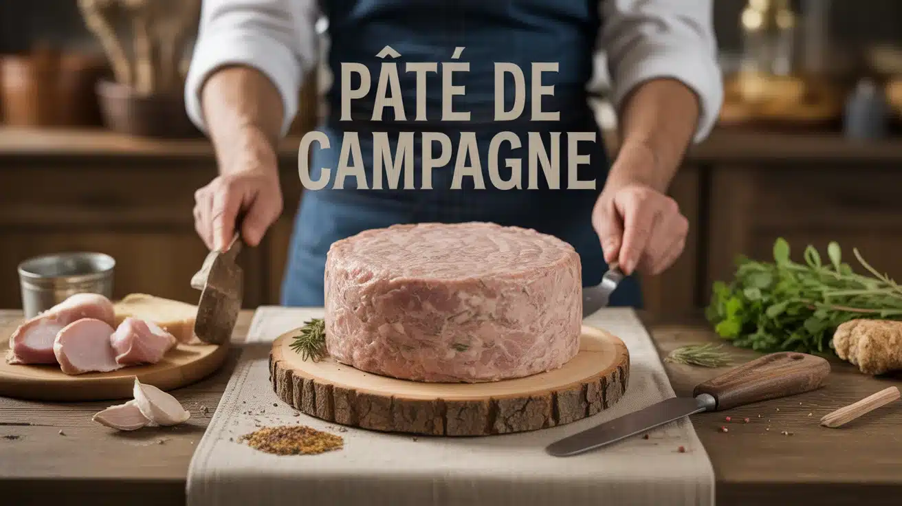 bocal de pâté de campagne maison sur table en bois avec ingrédients traditionnels