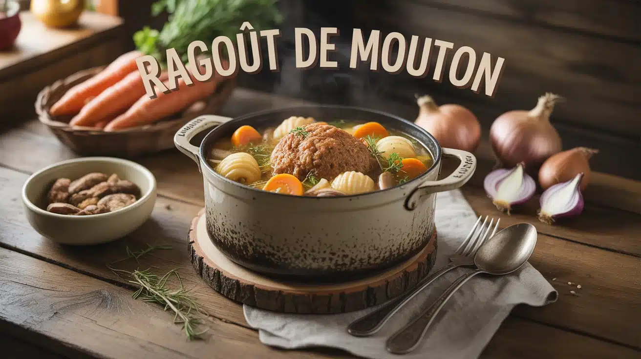 Ragoût de mouton traditionnel dans cocotte en fonte avec légumes