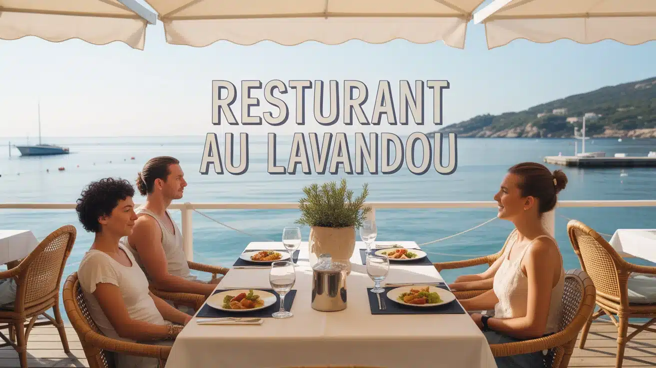 Terrasse de restaurant au Lavandou avec vue sur mer calme