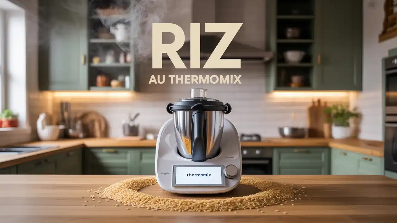 Thermomix stylisé avec grains de riz et vapeur