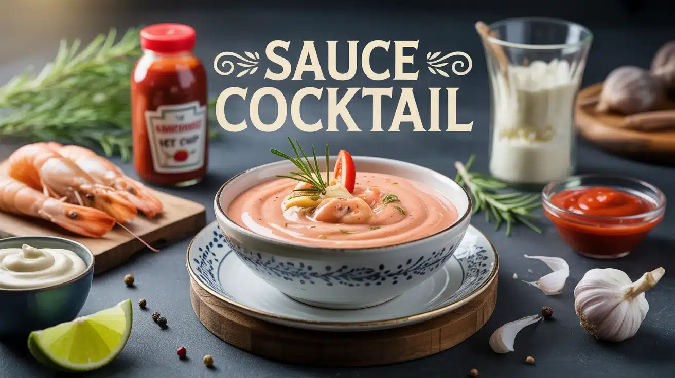 sauce cocktail maison dans un bol avec crevettes et ingrédients