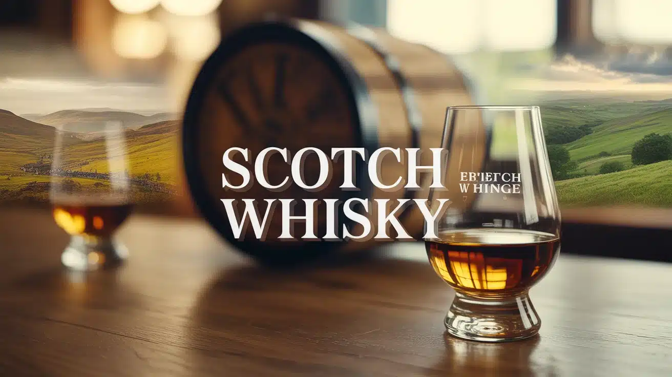 Verre de Scotch Whisky doré avec fût de chêne et paysage écossais