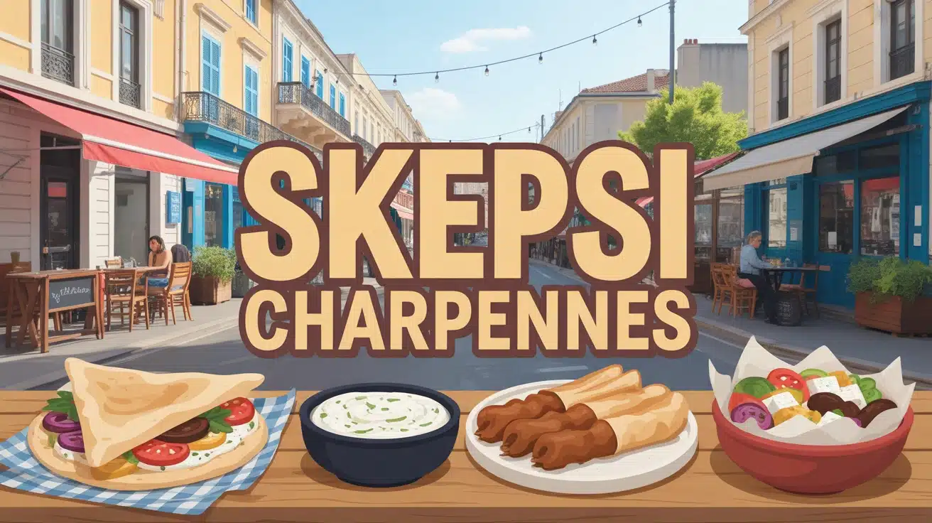 Illustration street food grecque Skepsi Charpennes avec pita et souvlaki