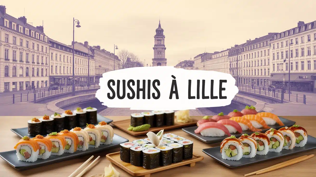 Illustration colorée de sushis à Lille avec bâtiments stylisés