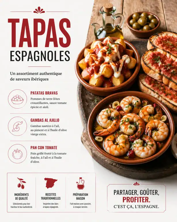 Plateau de tapas espagnoles maison : Patatas Bravas, Gambas al Ajillo et Pan con Tomate