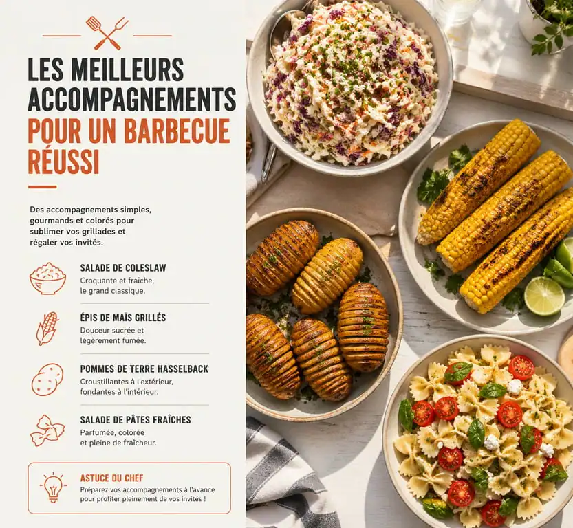 Assortiment d'accompagnements pour barbecue : coleslaw, maïs grillé et pommes de terre Hasselback