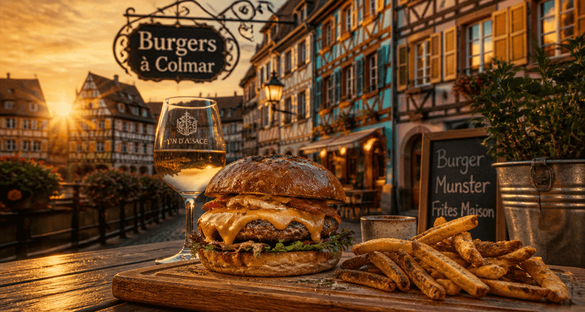 burger colmar artisanal sur terrasse avec frites