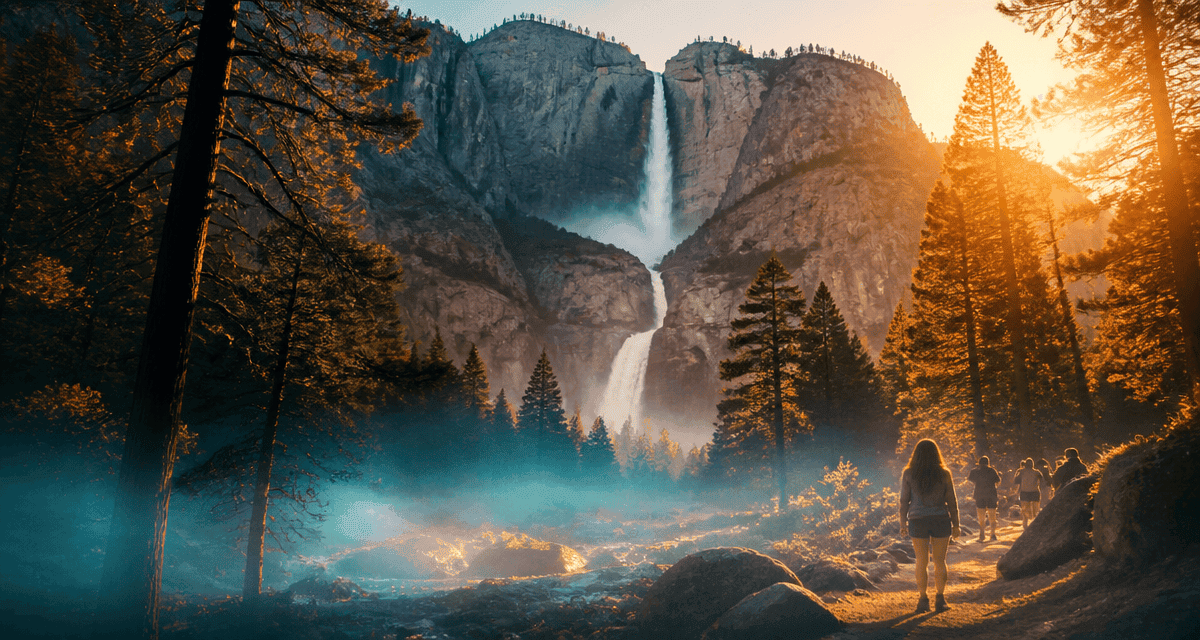 Chutes de Yosemite vues depuis un sentier au coucher du soleil