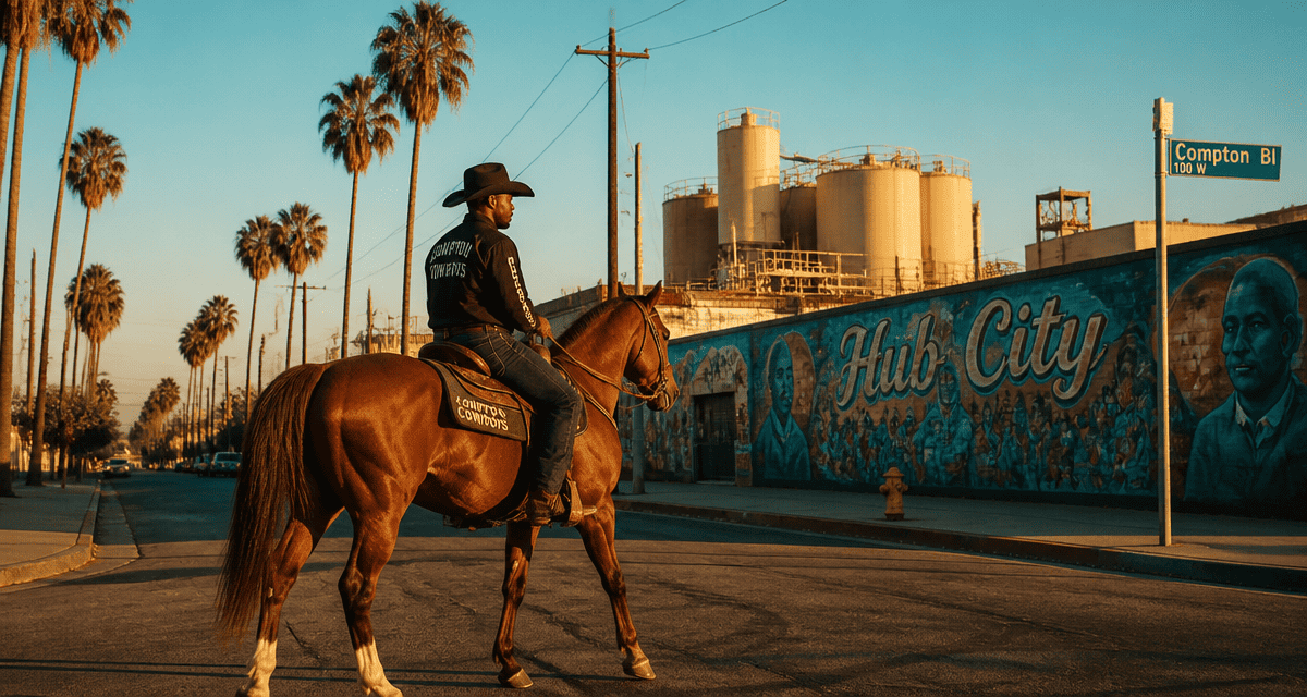 Compton America rue emblématique avec cowboys et fresque Hub City