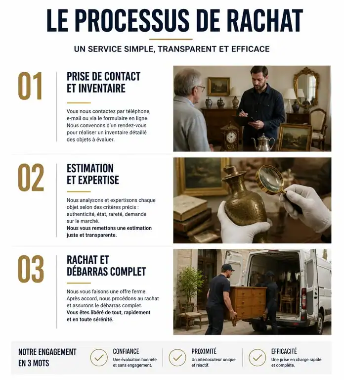 Processus de rachat et débarras par un brocanteur qui achète tout