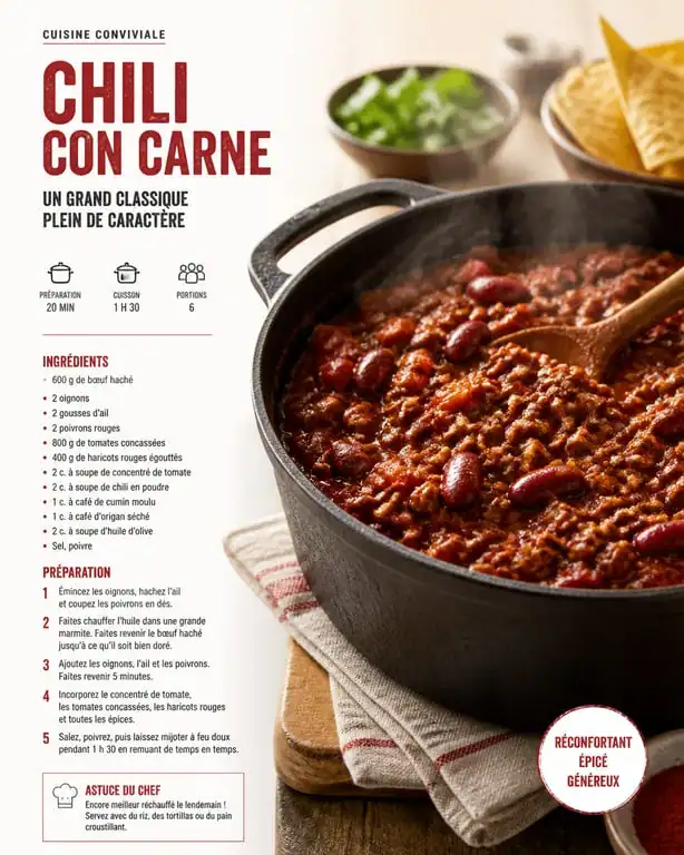 Chili Con Carne pour 30 personnes dans une grande marmite