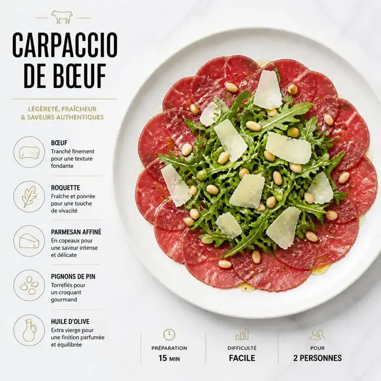 Carpaccio de bœuf avec roquette et parmesan, une idée d'accompagnement pour un carpaccio de bœuf raffiné.