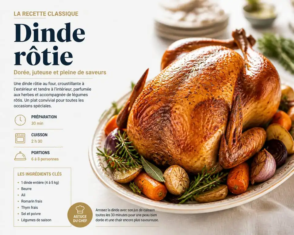 Dinde rôtie au four croustillante et dorée, la meilleure recette de dinde pour les fêtes