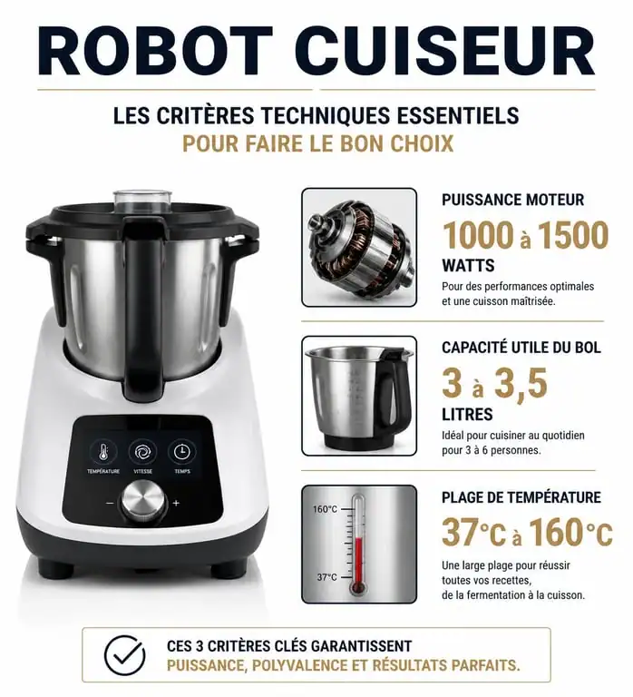 Infographie des critères techniques pour choisir le meilleur robot cuisine