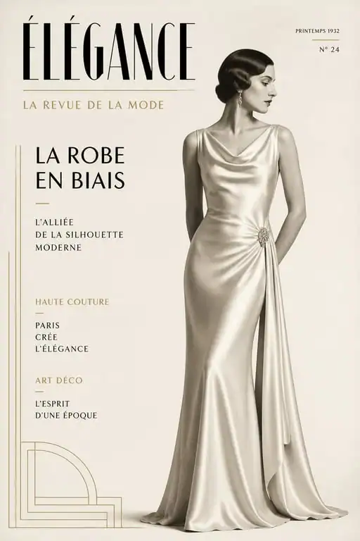Robe année 30 en satin avec coupe en biais, style mode féminine des années 1930
