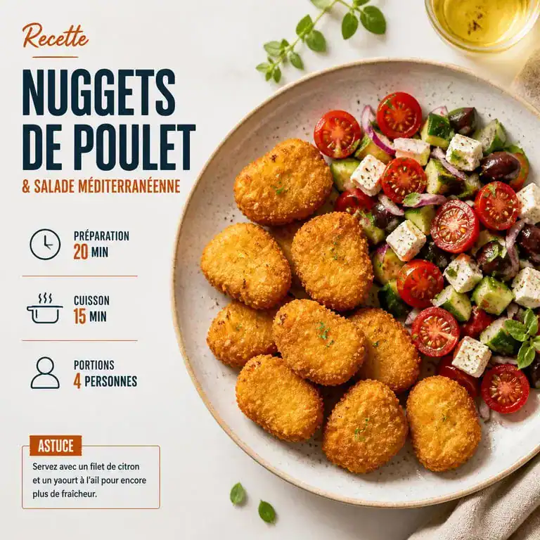 Assiette de nuggets de poulet faits maison avec accompagnement de salade méditerranéenne fraîche