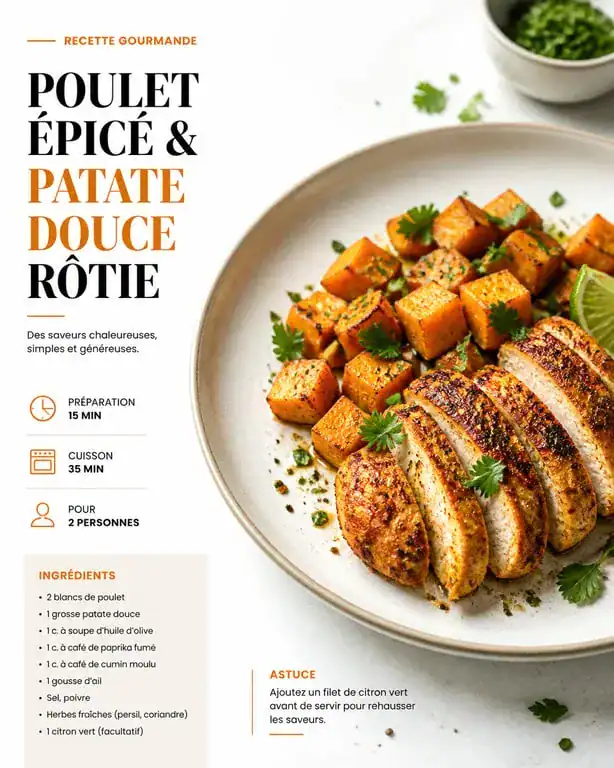 Assiette d'accompagnement de patate douce rôtie avec poulet grillé