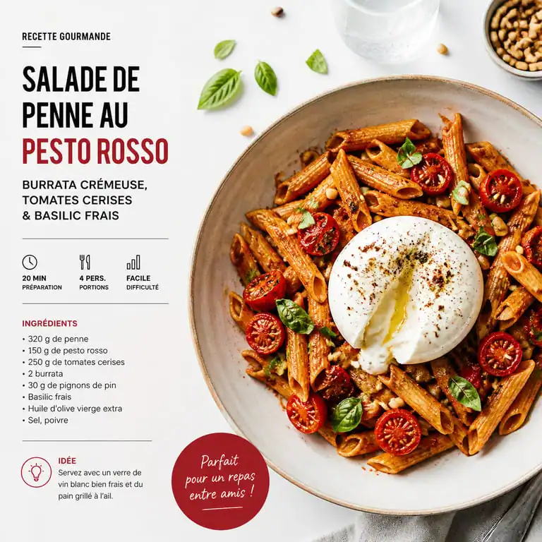 Salade de Penne au Pesto Rosso et Burrata pour un repas froid entre amis