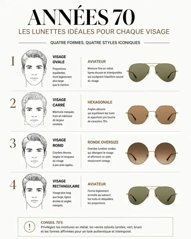 Infographie guide morphologie lunettes années 70 pour choisir sa monture selon la forme du visage