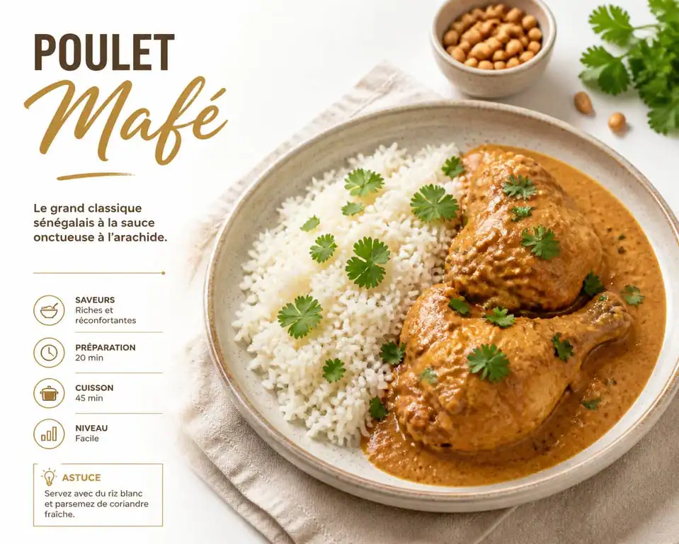 Plat de poulet Mafé traditionnel servi avec du riz pour une recette à base de poulet savoureuse