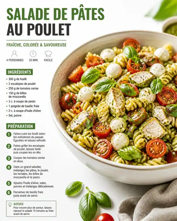 Salade de pâtes au poulet, pesto et mozzarella dans un saladier