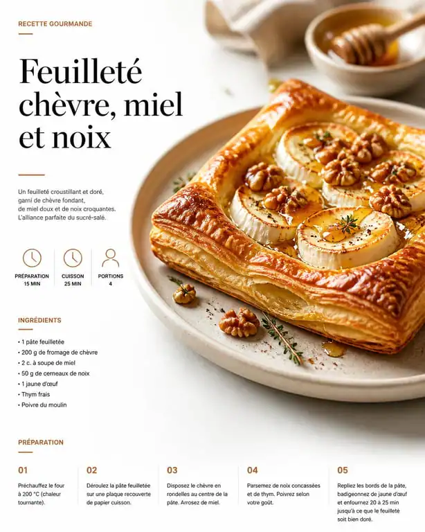 Feuilleté salé au chèvre, miel et noix, recette croustillante et dorée