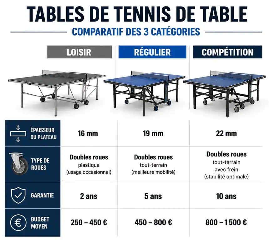 Comparatif des caractéristiques techniques des tables de tennis de table selon l'usage