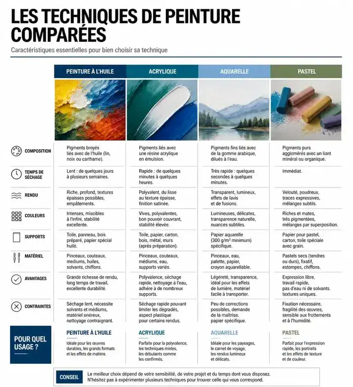 Infographie comparative des techniques de peinture artiste peintre