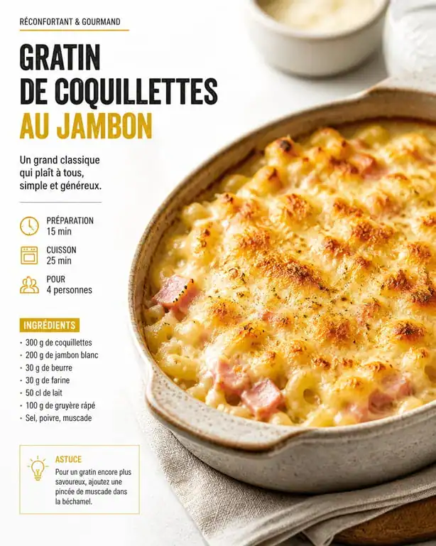Gratin de coquillettes au jambon, recette facile et pas chère