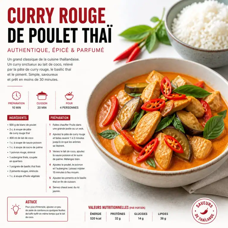 Recette de curry rouge de poulet au lait de coco et basilic thaï