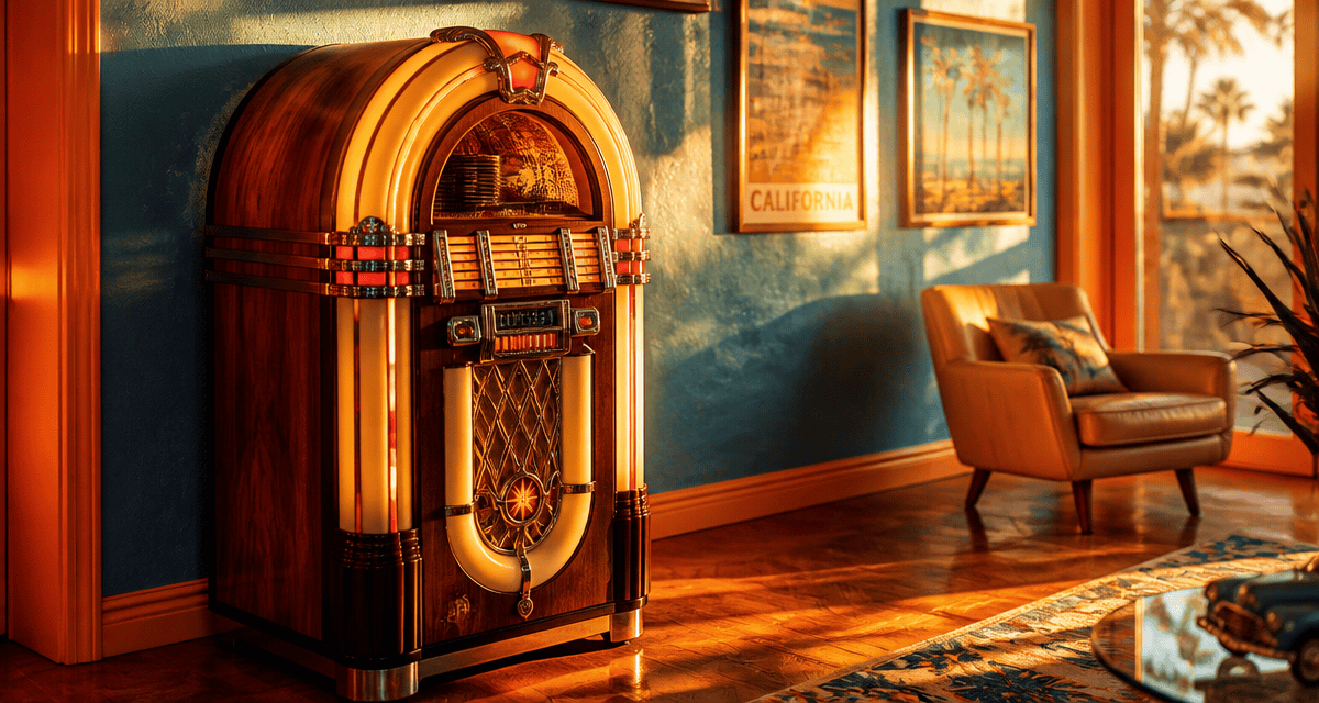 Jukebox vintage en bois dans salon rétro