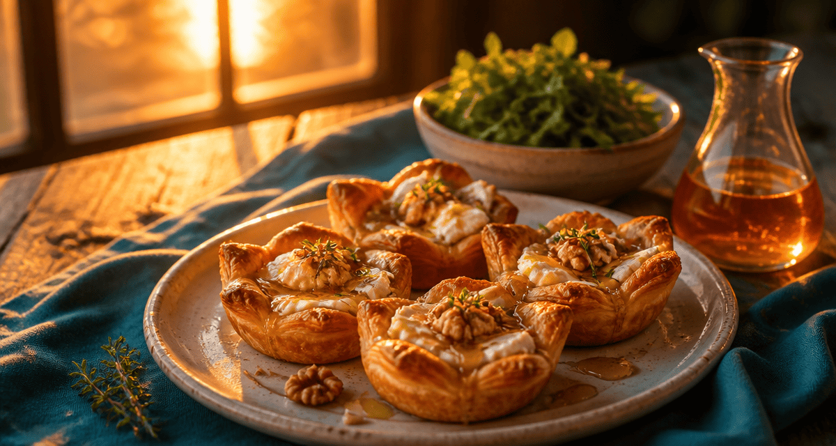 recette feuilleté salé chèvre miel noix sur plat