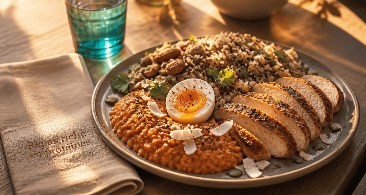 repas riche en proteine avec poulet œuf lentilles quinoa