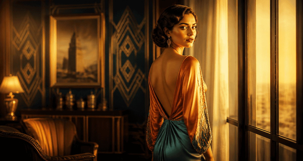 Femme en robe année 30 satin coupe biais