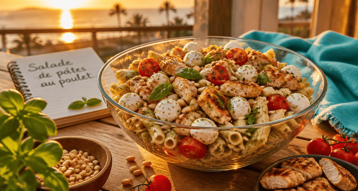 Salades de pates au poulet pesto mozzarella en terrasse