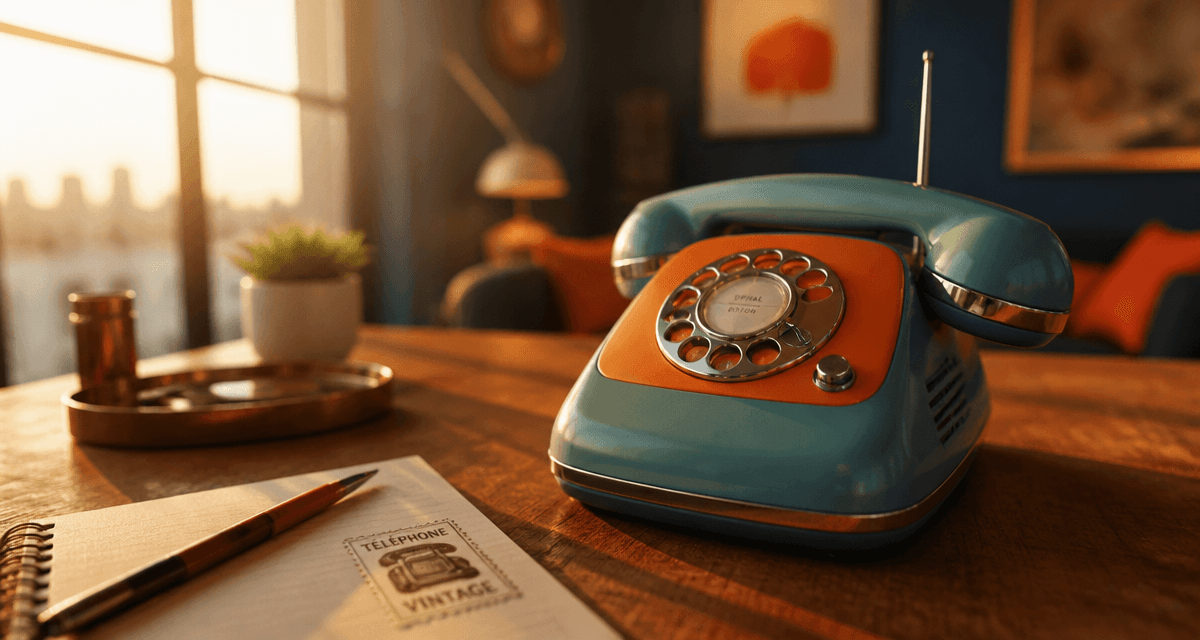Téléphone fixe vintage sans fil turquoise et orange sur bureau