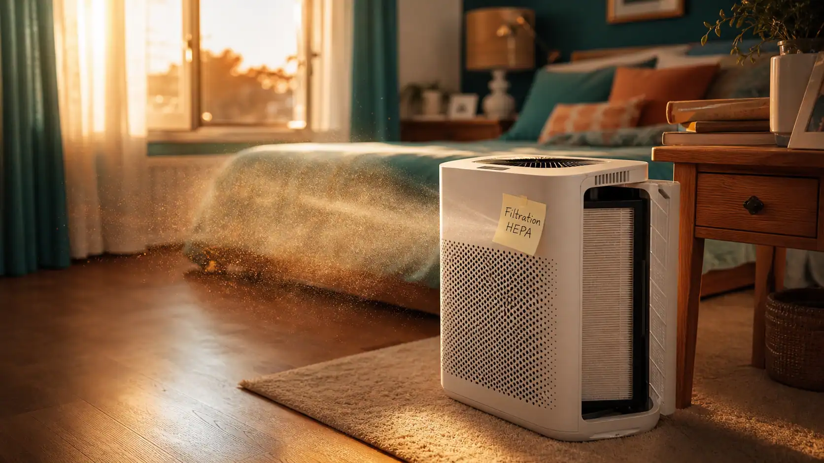 A quoi sert un purificateur d air : purificateur HEPA en chambre, grille et flux d’air visibles
