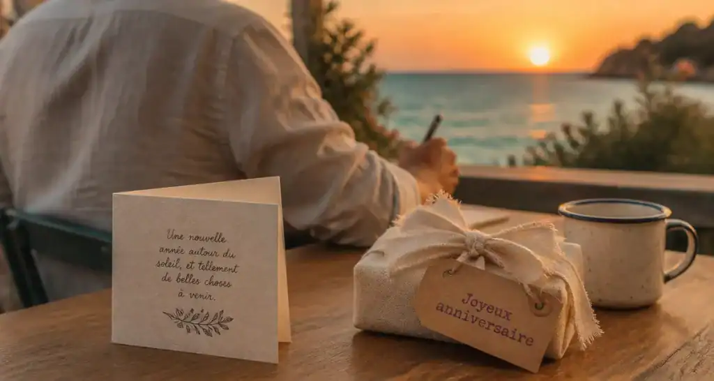 Anniversaire homme : carte manuscrite et petit cadeau en terrasse