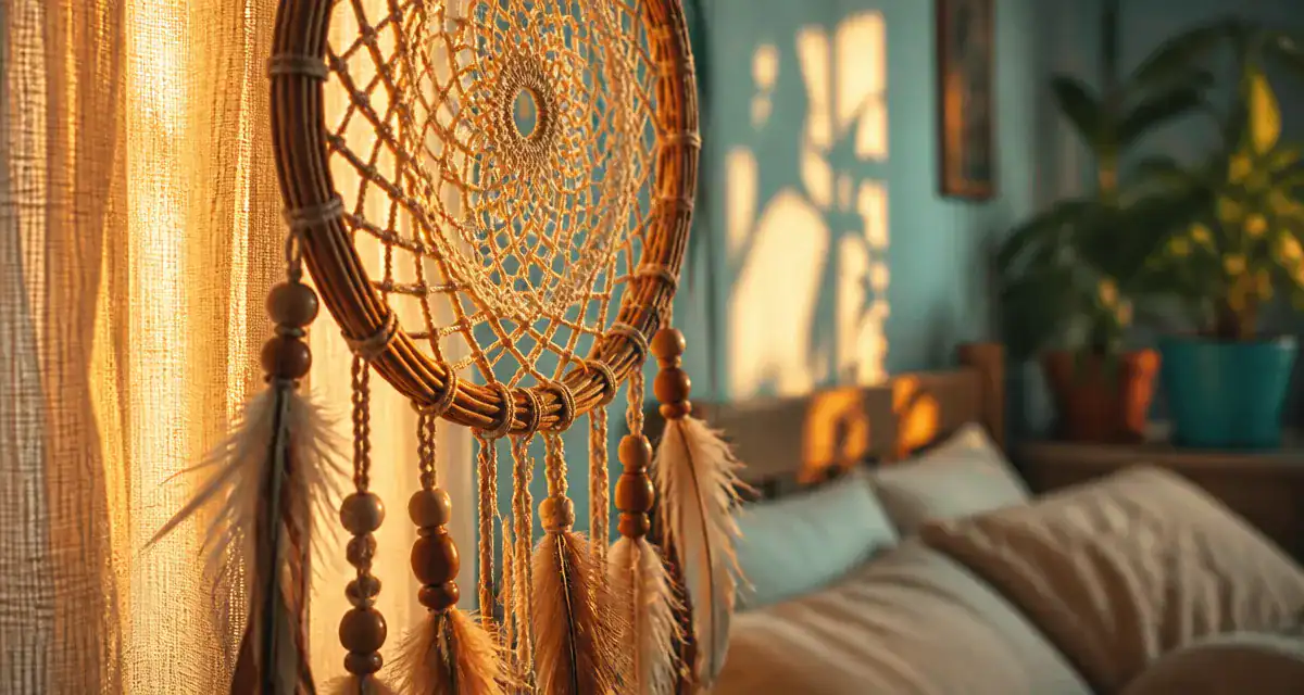 Attrape reve en macramé artisanal au-dessus du lit