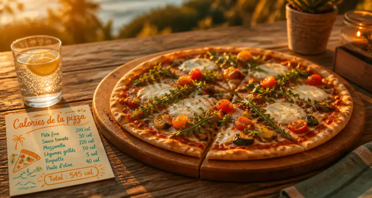 calories pizza sur table rustique avec légumes et infographie