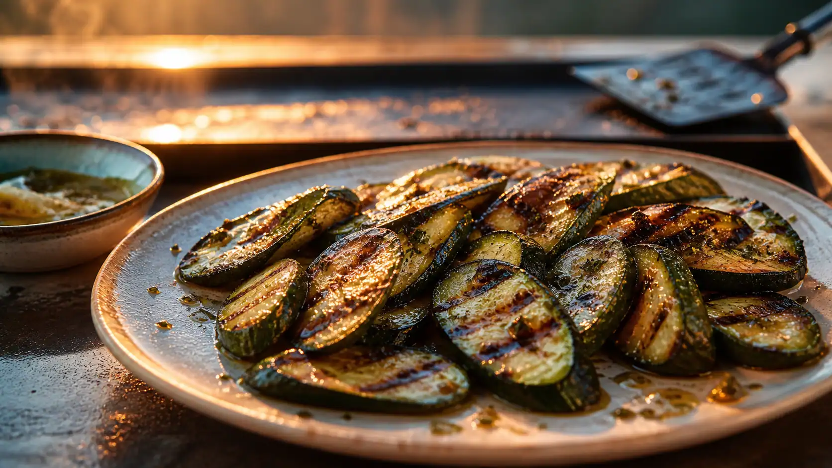 Courgette a la plancha, tranches grillées en biseau, marinades