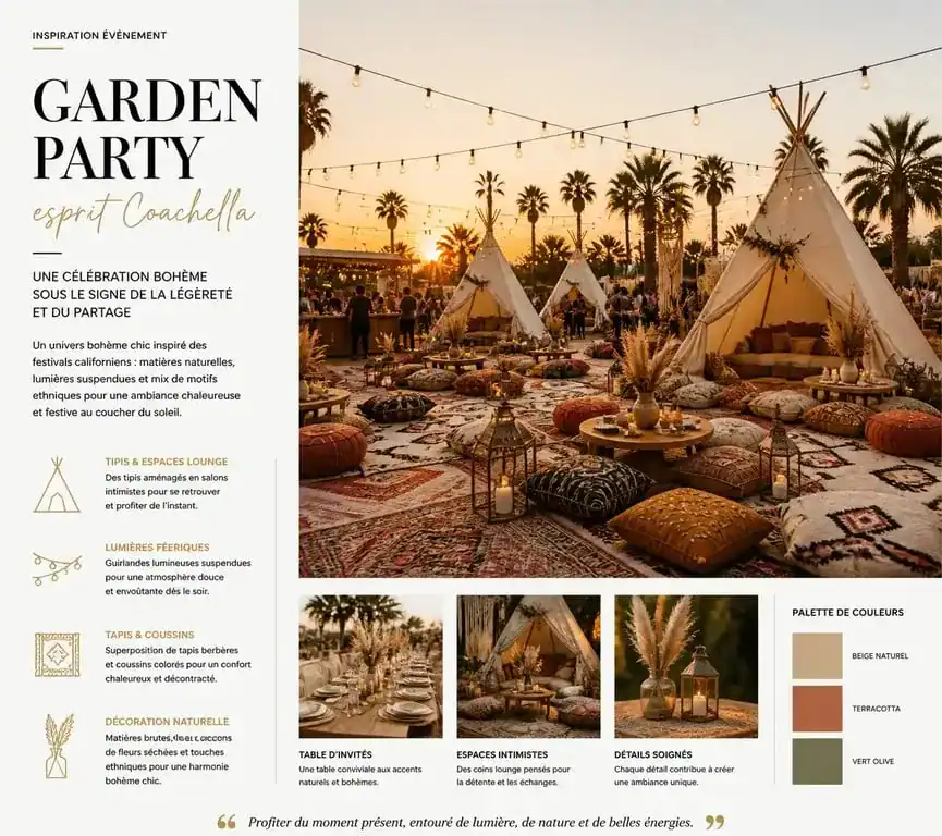 Décoration de jardin pour une soirée thème Coachella bohème chic