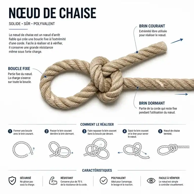 Schéma technique d'un nœud de chaise parfaitement réalisé