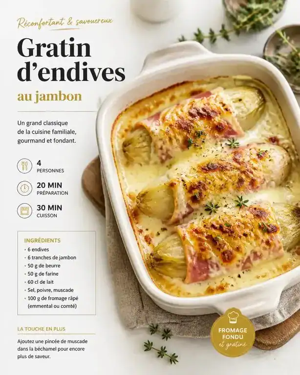 Gratin d'endives au four traditionnel avec jambon et fromage fondu