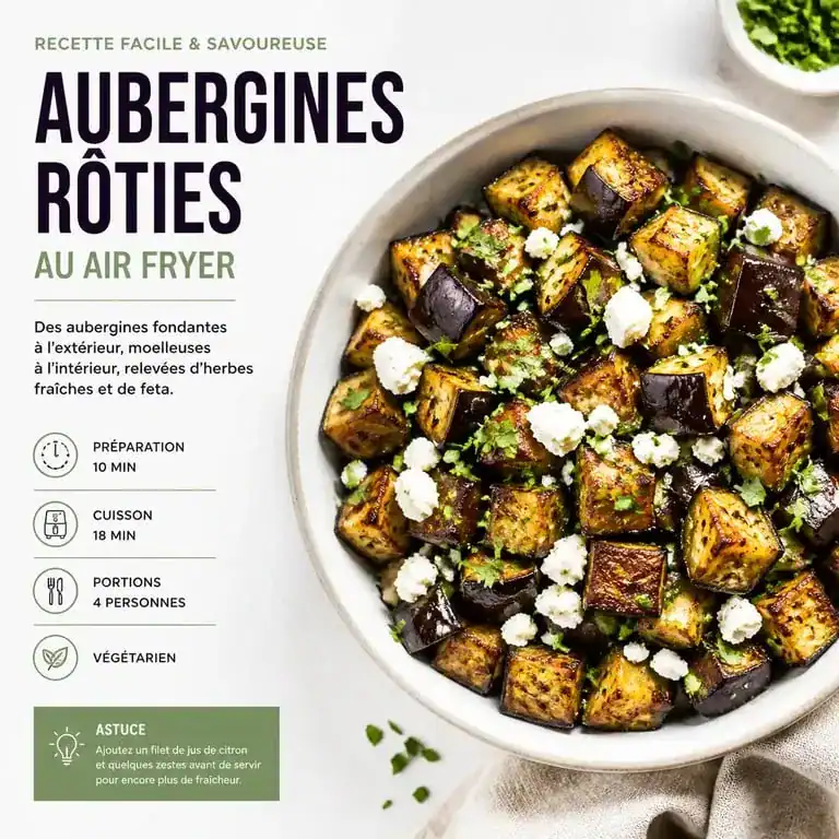Aubergines fondantes cuites au air fryer dans un bol avec herbes et feta