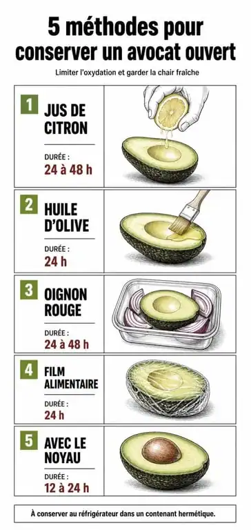 Infographie des 5 méthodes pour conserver un avocat ouvert et éviter l'oxydation