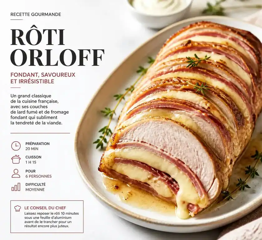 Rôti Orloff traditionnel tranché avec lard et fromage fondu sur un plat de service