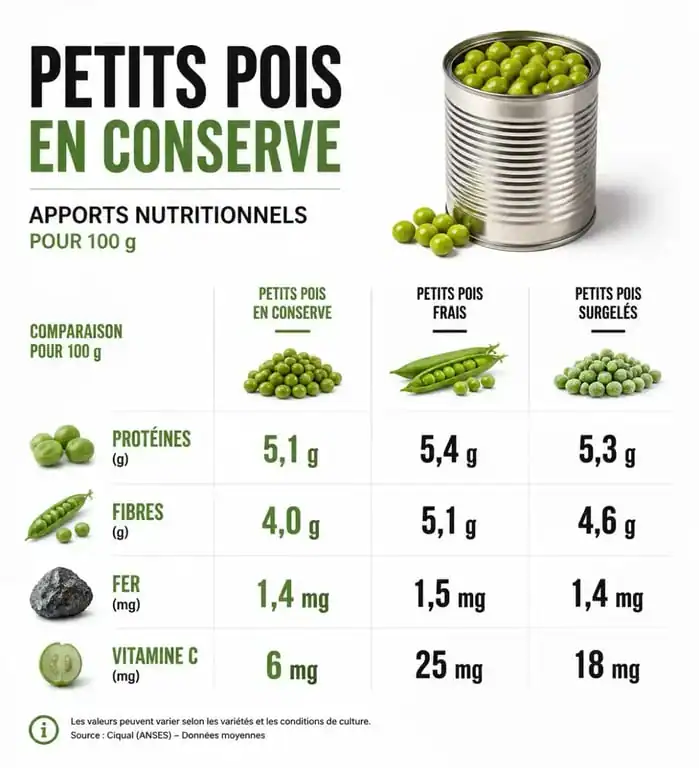 Infographie des bienfaits et valeur nutritionnelle des petits pois en conserve